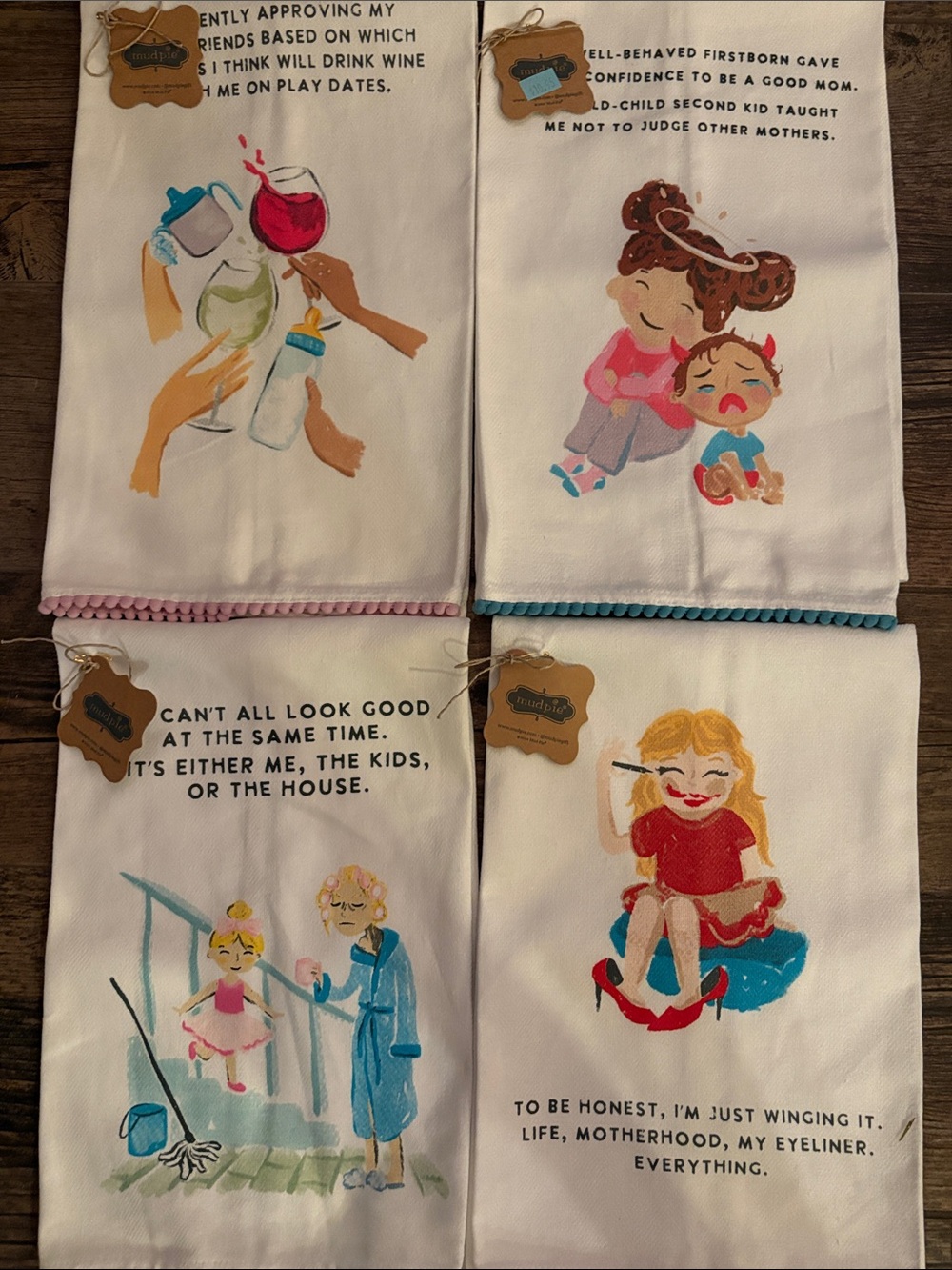 Mud Pie Set of 4 White Tea Towels with funny mom moments